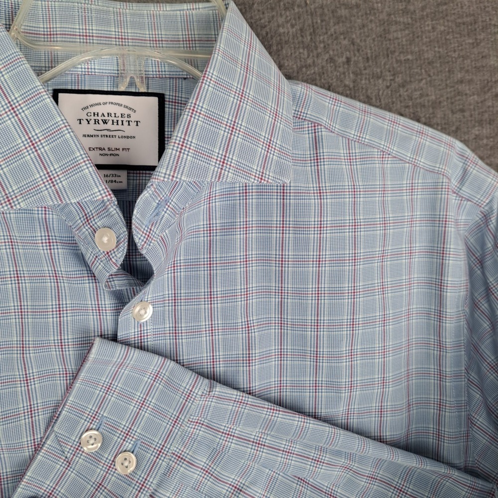 Charles Tyrwhitt Extra Slim Fit Non-Iron Dress Shirt Mens 16 / 33 Blue Plaid